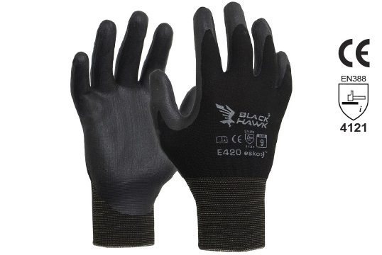 BLACK HAWK' Black Foam Nitrile, Black Polyamide Liner, Size 7 - Esko