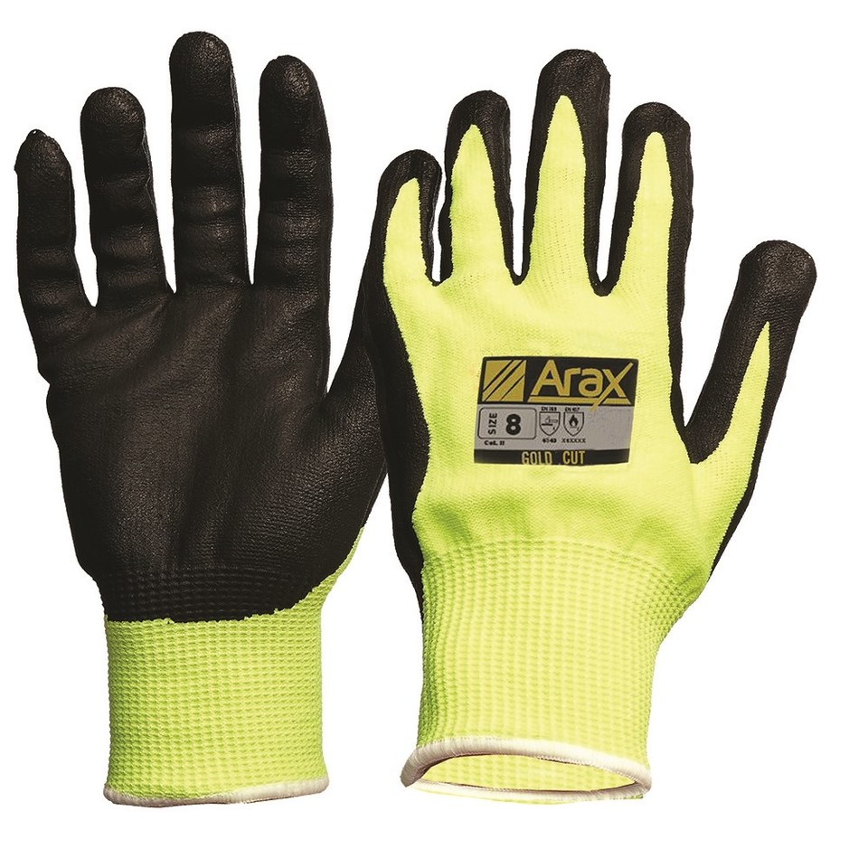 ARAX® Gold, Nitrile Sand Dip on Hi-Vis Yellow Liner, Size 8 - Paramount