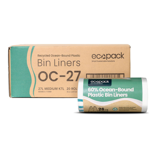 27L Medium Ocean-Bound Recycled Plastic Bin Liners (White) Carton (520 Bags) – Ecopack