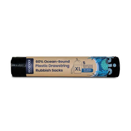 70L XL Ocean-Bound Recycled Plastic Bin Liners (Black) Roll (5 Bags) - Ecopack