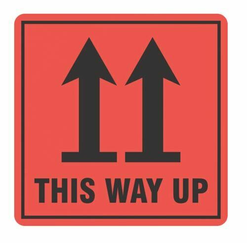 This Way Up Handling Label - Orange/Black, 99mm x 99mm