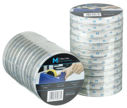 Acrylic Office Tape - Clear, 12mm x 66m x 45mu, 76.2mm Core *Large Core - Matthews