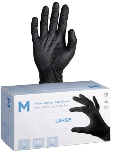 Nitrile Diamond Grip Gloves Powder Free - Black, L, 240mm Cuff, 9.0g - Matthews