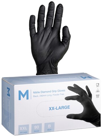 Nitrile Diamond Grip Gloves Powder Free - Black, 2XL, 240mm Cuff, 9.0g - Matthews