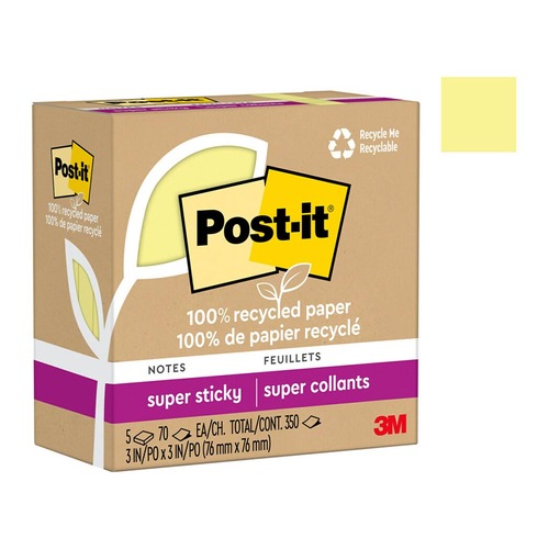 Post-it 100 Rec Super Sticky Notes 654R-5SSCY 76x76mm Yellow, Pack of 5