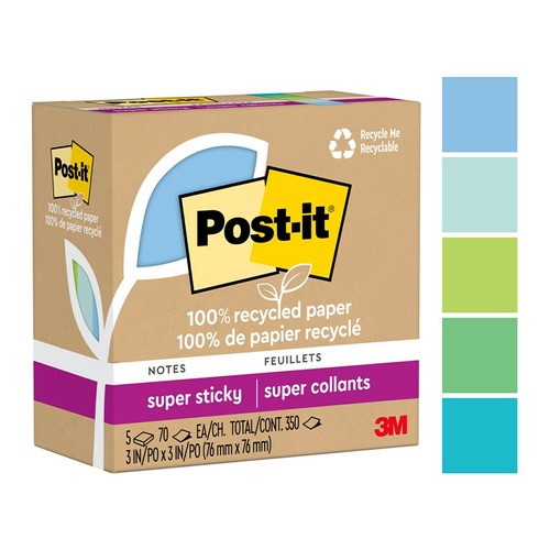 Post-it 100 Rec Super Sticky Notes 654R-5SST 76x76mm Oasis, Pack of 5
