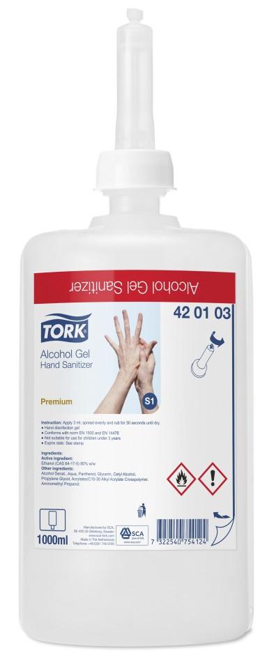 Tork 420123 S1 Premium Hand Sanitiser 80% Alcohol Gel 1000ml Cartridges - Tork